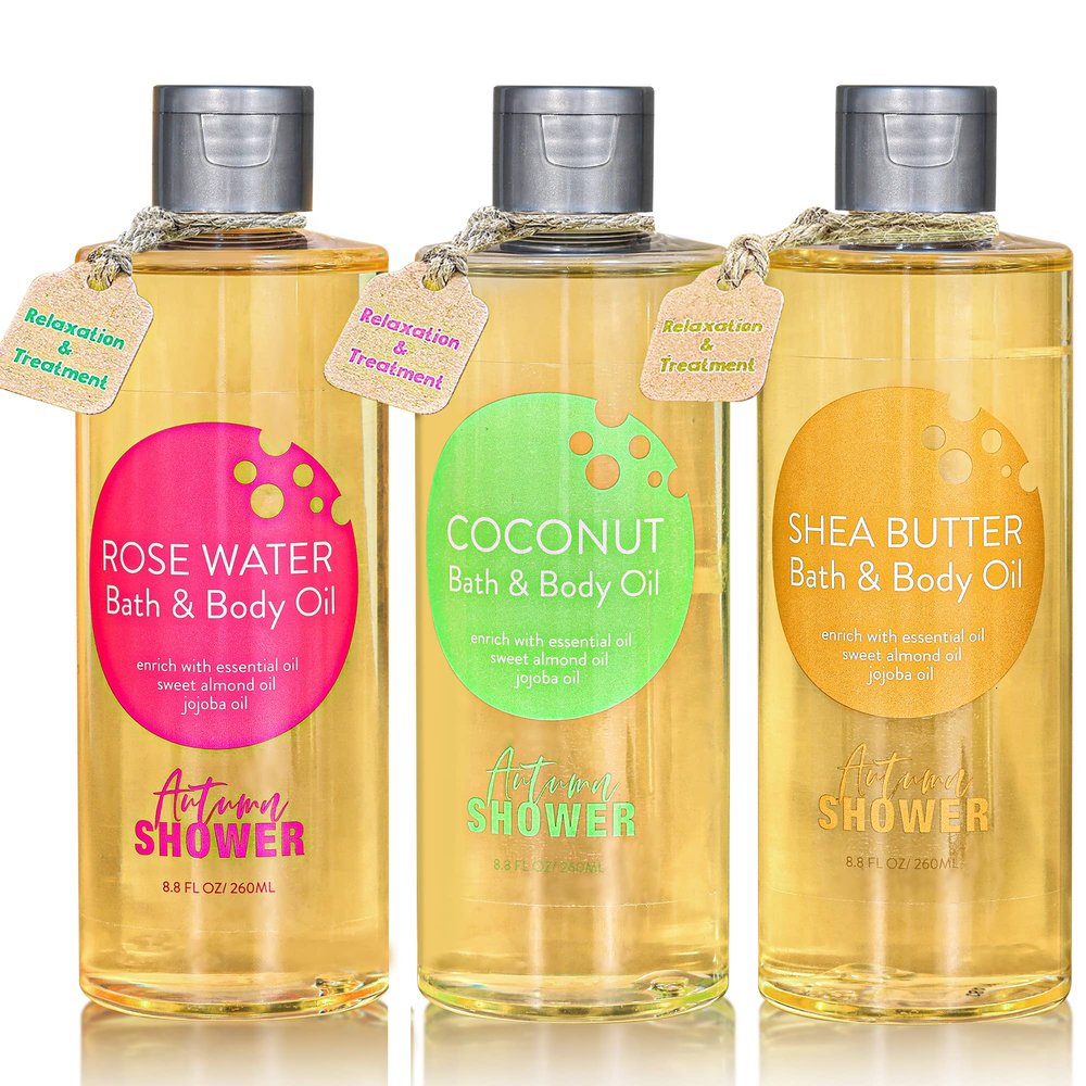 Autumn Shower Bath and Body Oil with Sweet Almond Jojoba, Shea Butter, Rose Water, Coconut Bath Oils Gift for Women, Multiuse Oil for Hair Dry Skin 26.4 fl oz (Pack of 3)