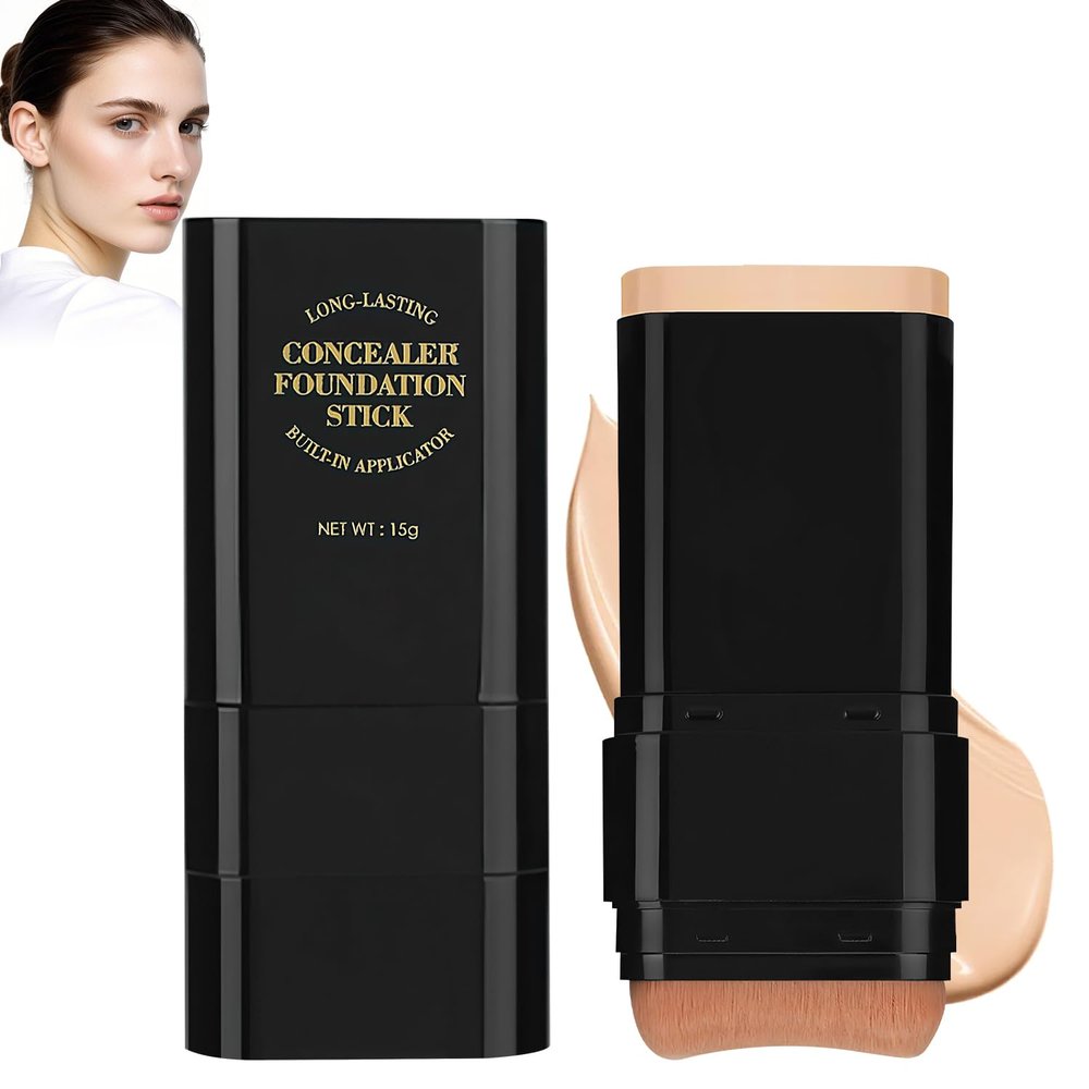 2PCS Long-Lasting Concealer Foundation Stick, Full Coverage Foundation Stick, 2-in-1 Contouring foundation with Brush, Cover Blemishes for All Skin Types (03#Light skin)