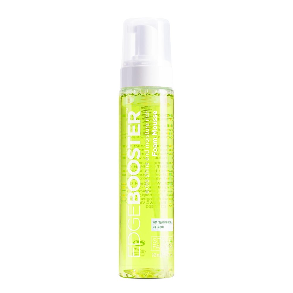 Style Factor EDGE BOOSTER Extra Shine & Moisture Rich Foam Mousse | Lightweight Styling for Curls, Waves, Braids, Locs & Protective Styles | Volume & Shine | with Peppermint & Tea Tree Oil | 9 fl oz