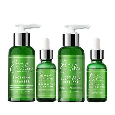 Emilia Skin Botanicals Day & Night Kit | Soothing Cleanser, Rejuvenating Serum, Exfoliating Cleanser & Restorative Night Serum | Clean, Hydrating & Anti-Aging Skincare Routine for All Skin Types