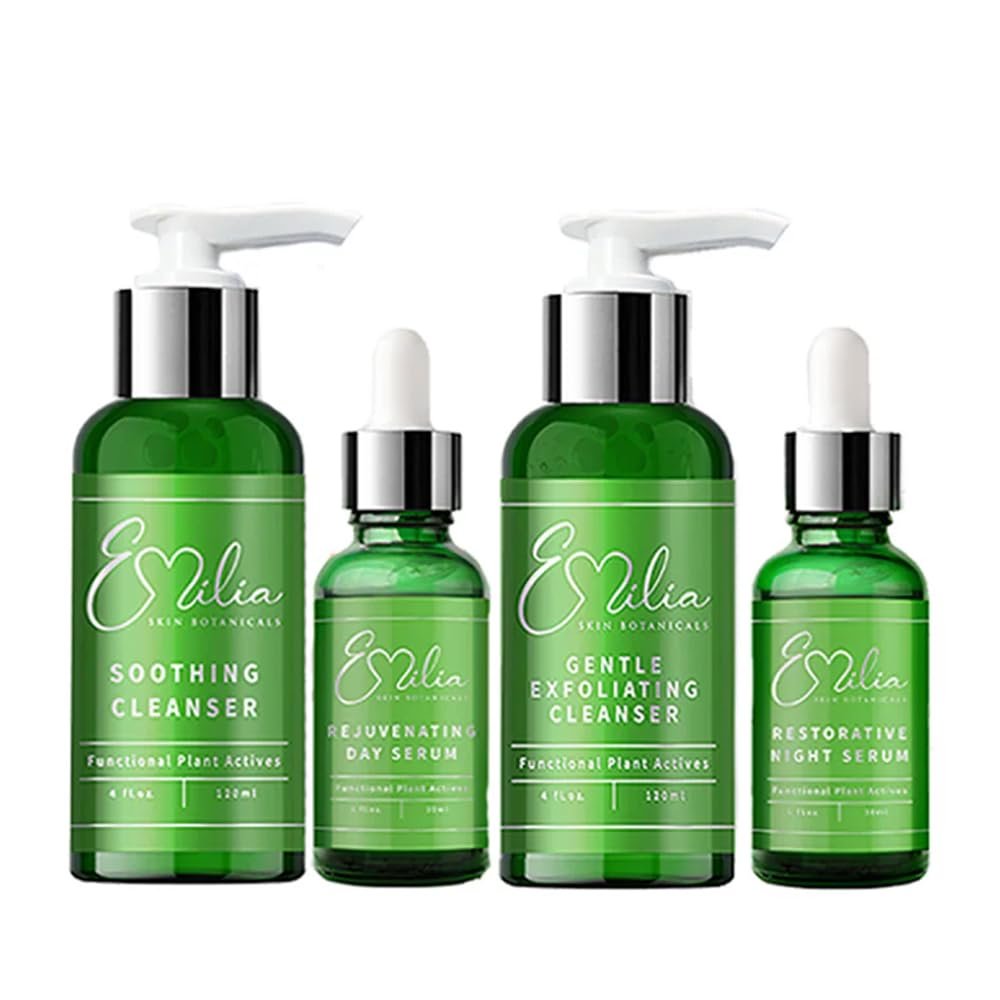 Emilia Skin Botanicals Day & Night Kit | Soothing Cleanser, Rejuvenating Serum, Exfoliating Cleanser & Restorative Night Serum | Clean, Hydrating & Anti-Aging Skincare Routine for All Skin Types
