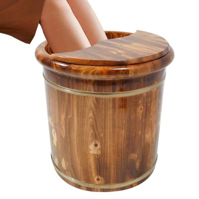 15.75in Wooden Foot Soaking Tub with Lid and Massage Beads, Deep Carbonized Solid Wood Foot Bath Bucket for Relaxation, Natural Solid Wood Foot Bath Barrel for Relaxation Natural Brown, Footbath