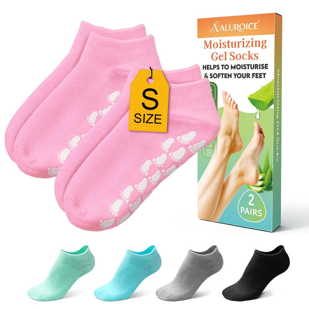 Aluroice Silicone Moisturizing Socks for Women- 2Pairs Foot Moisturizer Socks for Dry Cracked Feet- Pink Aloe Spa Moisture Hydrating Foot Care Socks (S Up to Size 9)