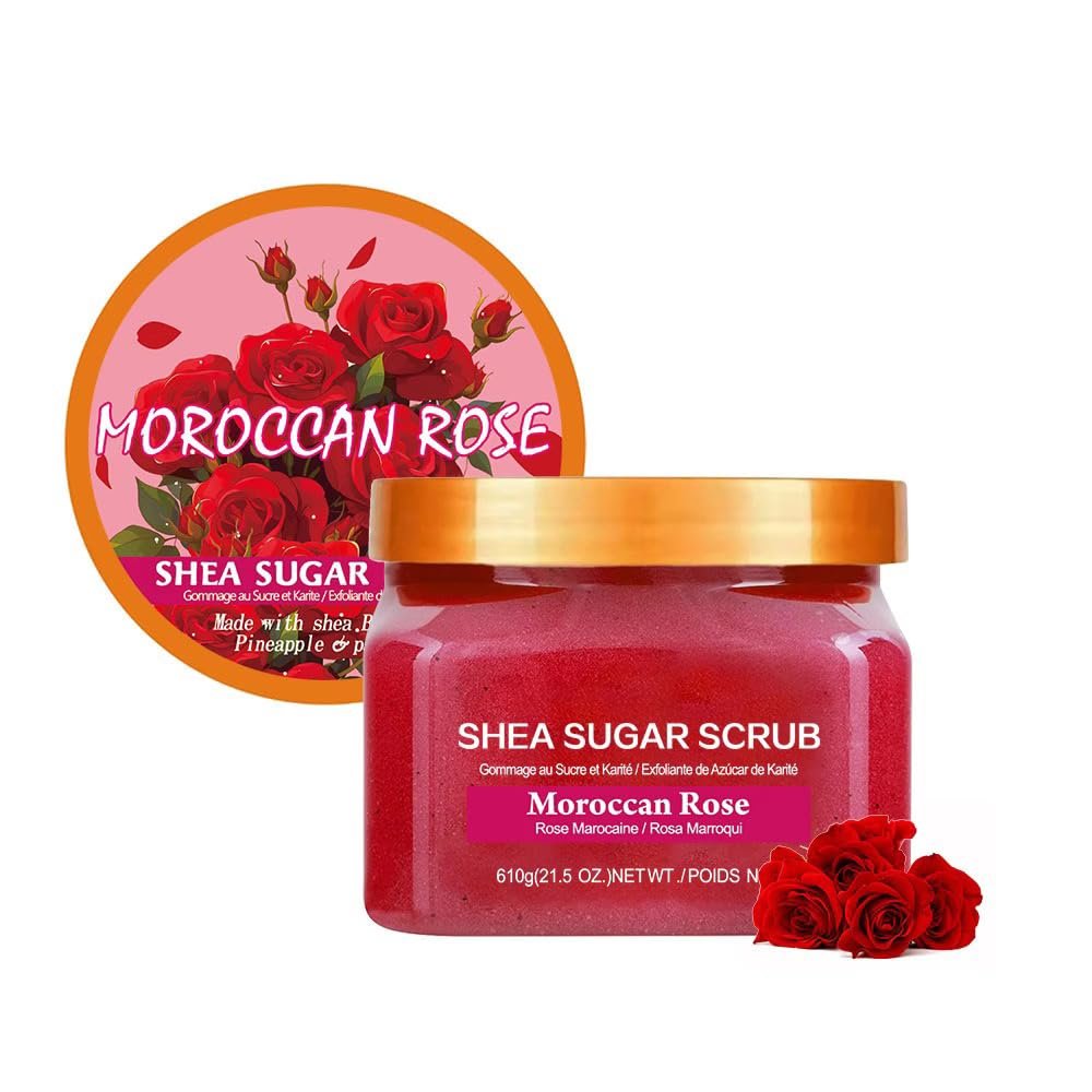 Moroccan Rose Shea Sugar Body Scrub, 21.5 oz, Exfoliating and Moisturizing for Radiant Skin.