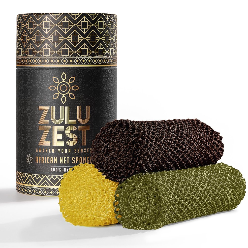 African Net Sponge Authentic 3 Pack, Body Scrubber Exfoliating Bath Sponge for Face and Body, Quick Drying Mesh Body Scrub for All Skin Types, Durable and Travel Friendly (Brown, Cream, Green)