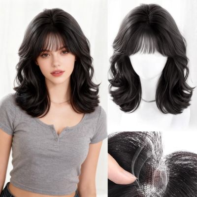 AiUree 18Inch Curly Hair Toppers for Women with Wispy Bangs,4.7"x5.1" Handmade Lace Base,Fluffy Synthetic Clip in Wavy Toppers Hairpieces for Women with Thinning Hair Add Volume Natural Black
