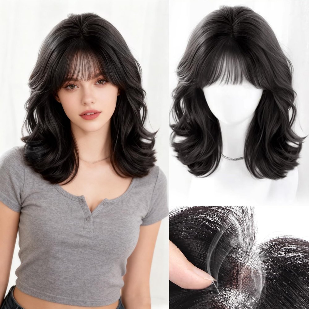 AiUree 18Inch Curly Hair Toppers for Women with Wispy Bangs,4.7"x5.1" Handmade Lace Base,Fluffy Synthetic Clip in Wavy Toppers Hairpieces for Women with Thinning Hair Add Volume Natural Black
