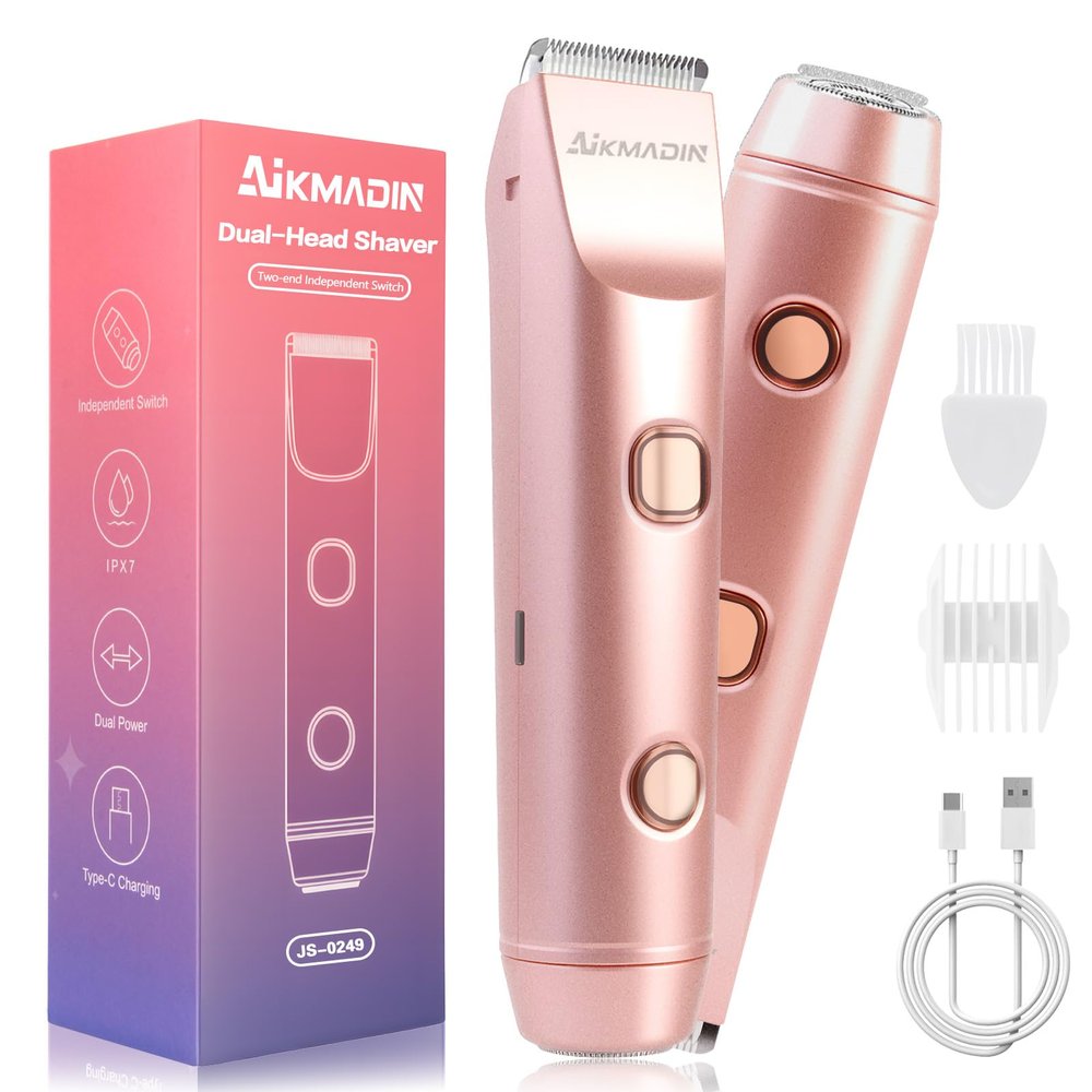 Bikini Trimmer for Women  Dual-Head Electric Razor, IP67 Waterproof USB-C Rechargeable Shaver for Bikini Line, Underarms, Legs & Face, Rose Gold Stocking Stuffer Holiday Gift