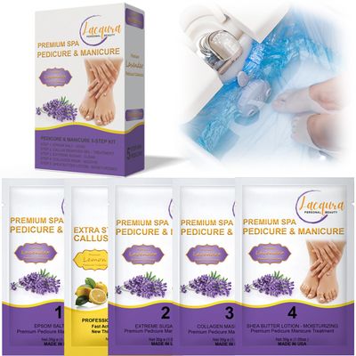 Epsom Salt Soak, Callus Remover Gel, Extreme Sugar Scrub, Collagen Mask & Shea Butter Lotion Professional Spa Foot Care System 5 Step Luxury Pedicure Kit. Lavender 12 Set