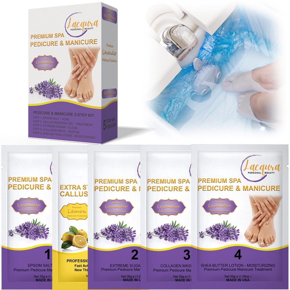 Epsom Salt Soak, Callus Remover Gel, Extreme Sugar Scrub, Collagen Mask & Shea Butter Lotion  Professional Spa Foot Care System 5 Step Luxury Pedicure Kit. Lavender 20 Set
