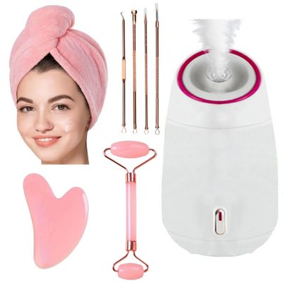 Facial Steamer,Complete Home Spa Set Jade Roller, Gua Sha, Blackhead Remover Tools, Microfiber Hair Towel, Deep Pore Cleansing, Hydrating