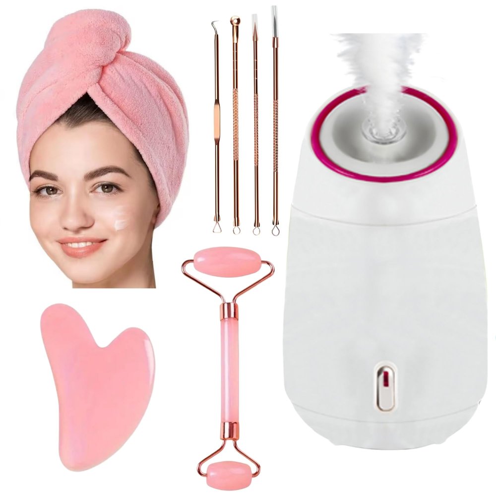 Facial Steamer,Complete Home Spa Set Jade Roller, Gua Sha, Blackhead Remover Tools, Microfiber Hair Towel, Deep Pore Cleansing, Hydrating