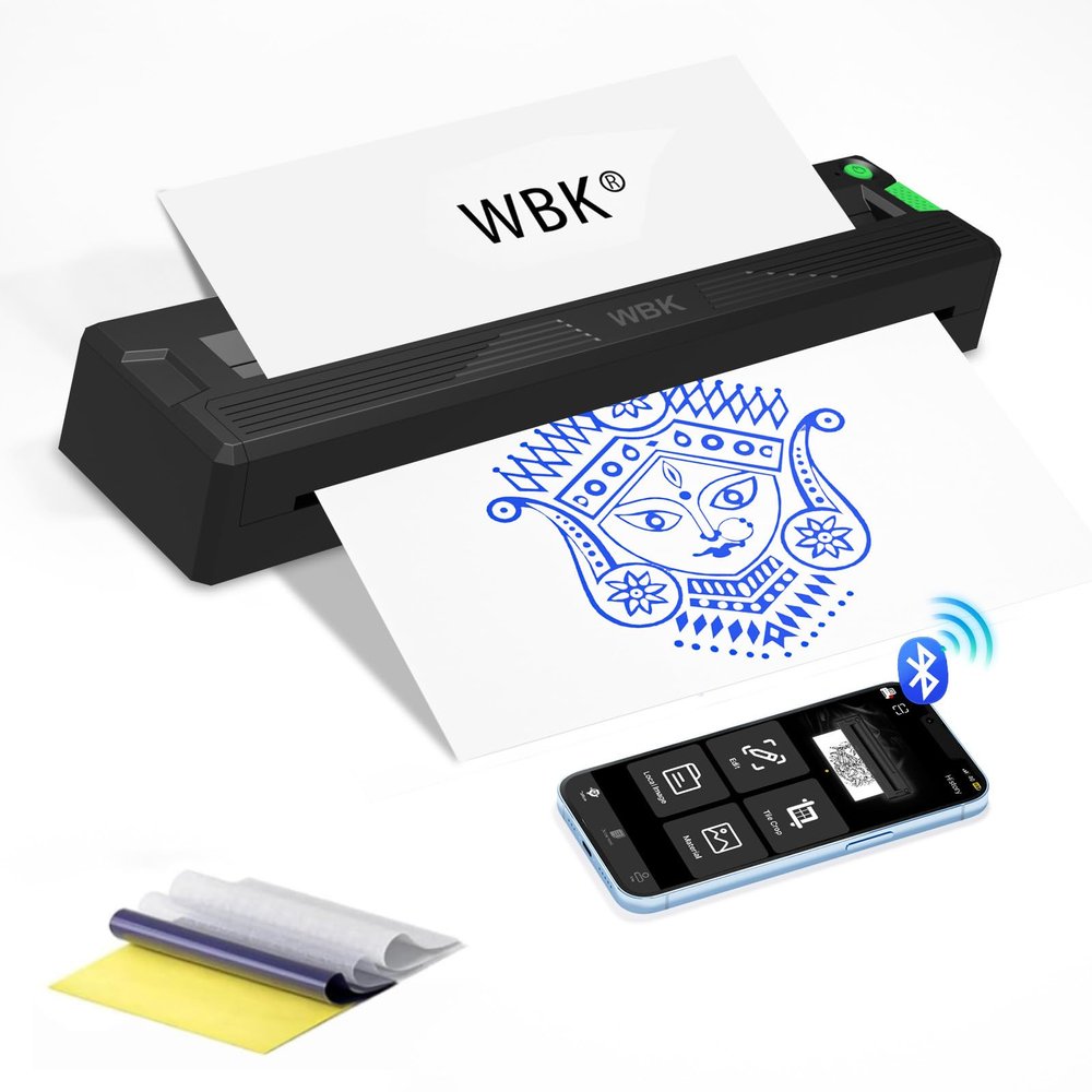 wbk Tattoo Stencil Printer,for Tattoo Beginners&Artists,Portable-Wireless-Bluetooth-Thermal-Inkless Tattoo Printer Machine with 3pcs Tattoo Transfer Paper,Compatible with Phone/Pc