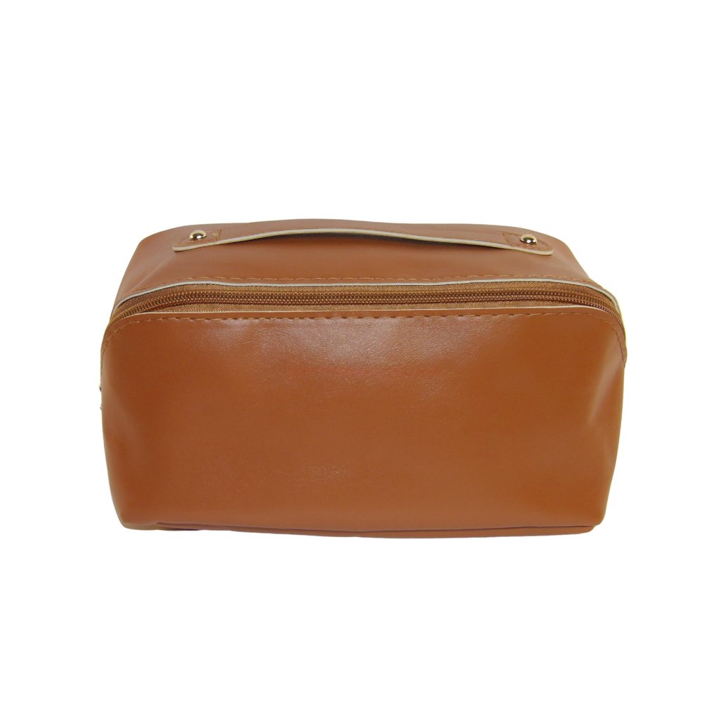 Large Travel Makeup Bag, Waterproof PU Leather Cosmetic Case, 9.25x4.13x4.33 inches, Open Flat Design with Inner Pockets, Brown (Camel)