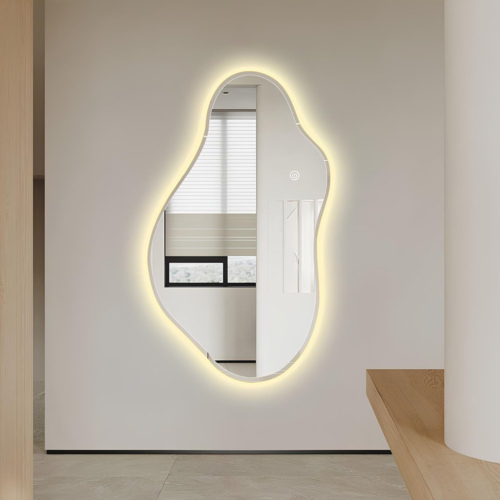 24x32 Irregular Mirror Full Length with 3 Colors Lights Tepless Dimmable Frameless Wall Mirrors for Hallway Bathroom Dressing Table
