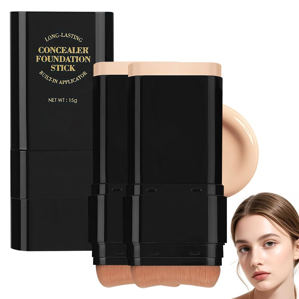 2PCS Foundation Stick, 2 in 1 Dual-Ended Long-Lasting Concealer Foundation Stick, Face Contouring foundation with Brush, Full Coverage Matte Finish for Face Makeup(02natural)