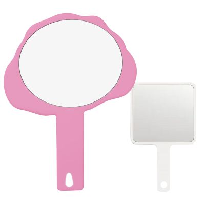 2 Pcs Handheld Mirror with Handle, Plastic Travel Makeup Handheld Cosmetic Hand Mirror for Travel, Pocket Desk Showe Barber, Gift for Your Girlfriend, for Women (Pink, 5.91" Lx 7.87" W)