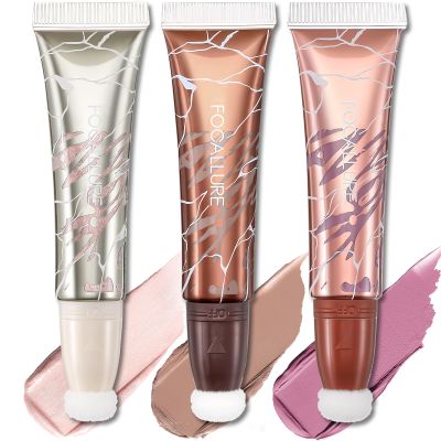 FOCALLURE Liquid Contour Stick 3-Piece Set - Cream Highlighter, Blush & Bronzer with cushion applicator, Moisturizing, Blendable, Long-Lasting for Face Sculpting & Illuminating,SE03 Morning Whispers