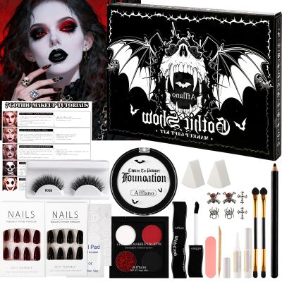 Afflano Goth Makeup Kit Halloween Costume, SFX Clown Goth White Foundation Face Paint, Lipstick Black Red Eyeshadow, False Eyelashes Nail Eyeliner Eyebrow Carnival Theater Emo Mime Ghost Gothic Makeup