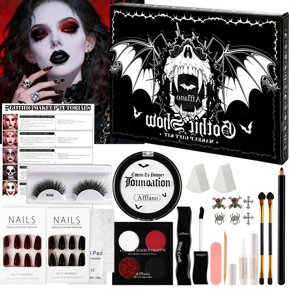 Afflano Goth Makeup Kit Halloween Costume, SFX Clown Goth White Foundation Face Paint, Lipstick Black Red Eyeshadow, False Eyelashes Nail Eyeliner Eyebrow Carnival Theater Emo Mime Ghost Gothic Makeup