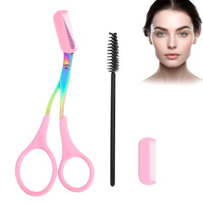 Eyebrow Scissors with Comb and Brush Non Slip Eyebrow Trimmer Scissor for Women Men 2 in 1 Professional Eyebrows Trimmer (Pink)