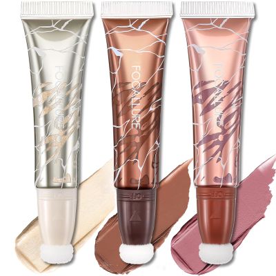 FOCALLURE Liquid Contour Stick 3-Piece Set - Cream Highlighter, Blush & Bronzer with cushion applicator, Moisturizing, Blendable, Long-Lasting for Face Sculpting & Illuminating,SE02 Orchid Vibes