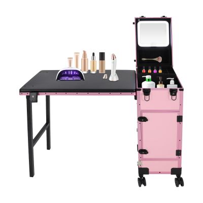 SuiYuLn Rolling Makeup Case,Pink Manicure Table with Mirror&LED Light,Telescopic Handle Foldable Beauty Salon Makeup station,Cosmetic Travel Case for Workstation Mobile,Nail Tech (Pink)