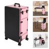 SuiYuLn Rolling Makeup Case,Pink Manicure Table with Mirror&LED Light,Telescopic Handle Foldable Beauty Salon Makeup station,Cosmetic Travel Case for Workstation Mobile,Nail Tech (Pink) view 2