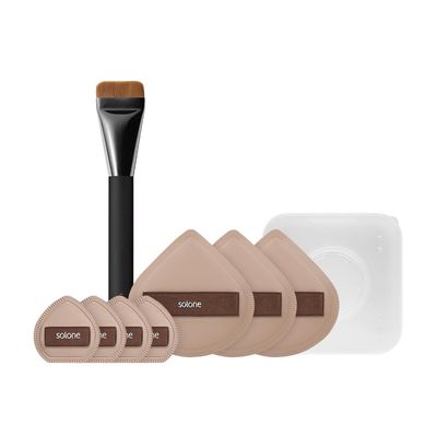 Solone Foundation Brush + Souffl Sponges Set  Flat Makeup Brush with Classic Sponge & Fingertip Sponge for Flawless Blending of Liquid Foundation, Concealer, and Cream Makeup
