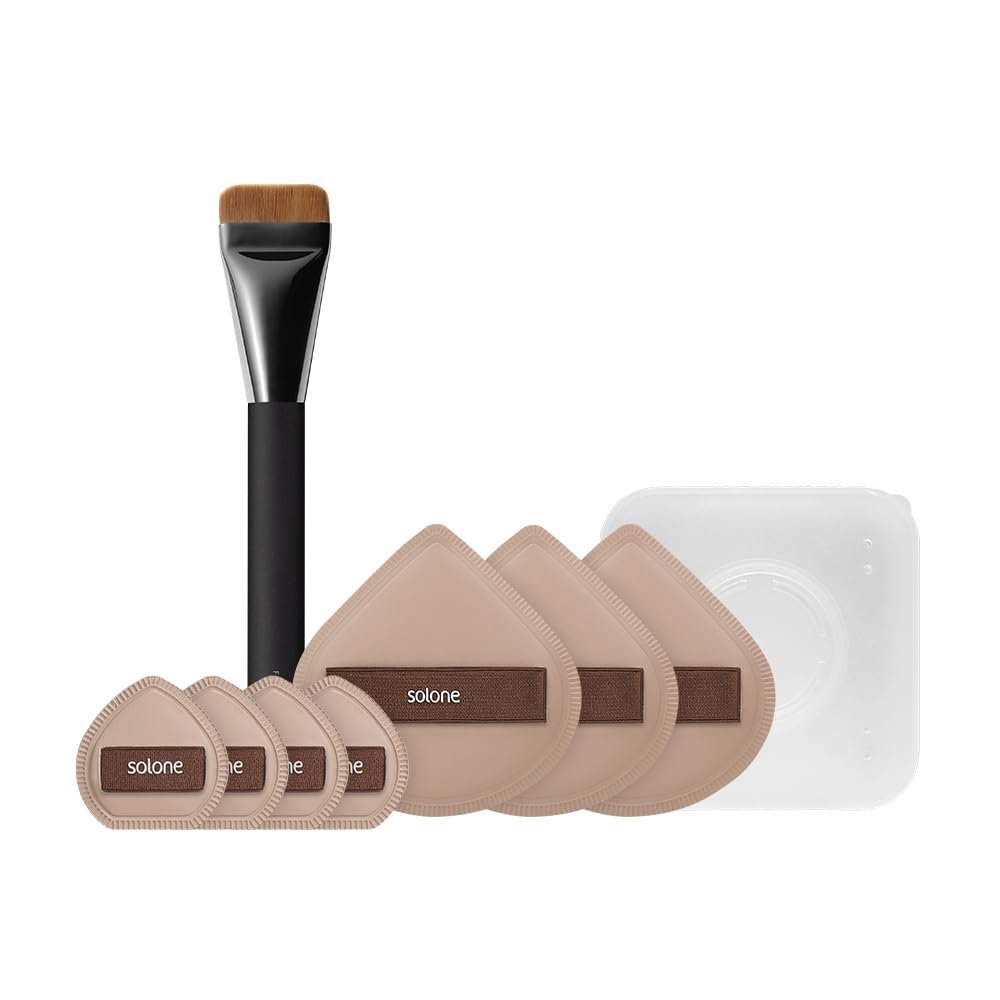 Solone Foundation Brush + Souffl Sponges Set Flat Makeup Brush with Classic Sponge & Fingertip Sponge for Flawless Blending of Liquid Foundation, Concealer, and Cream Makeup