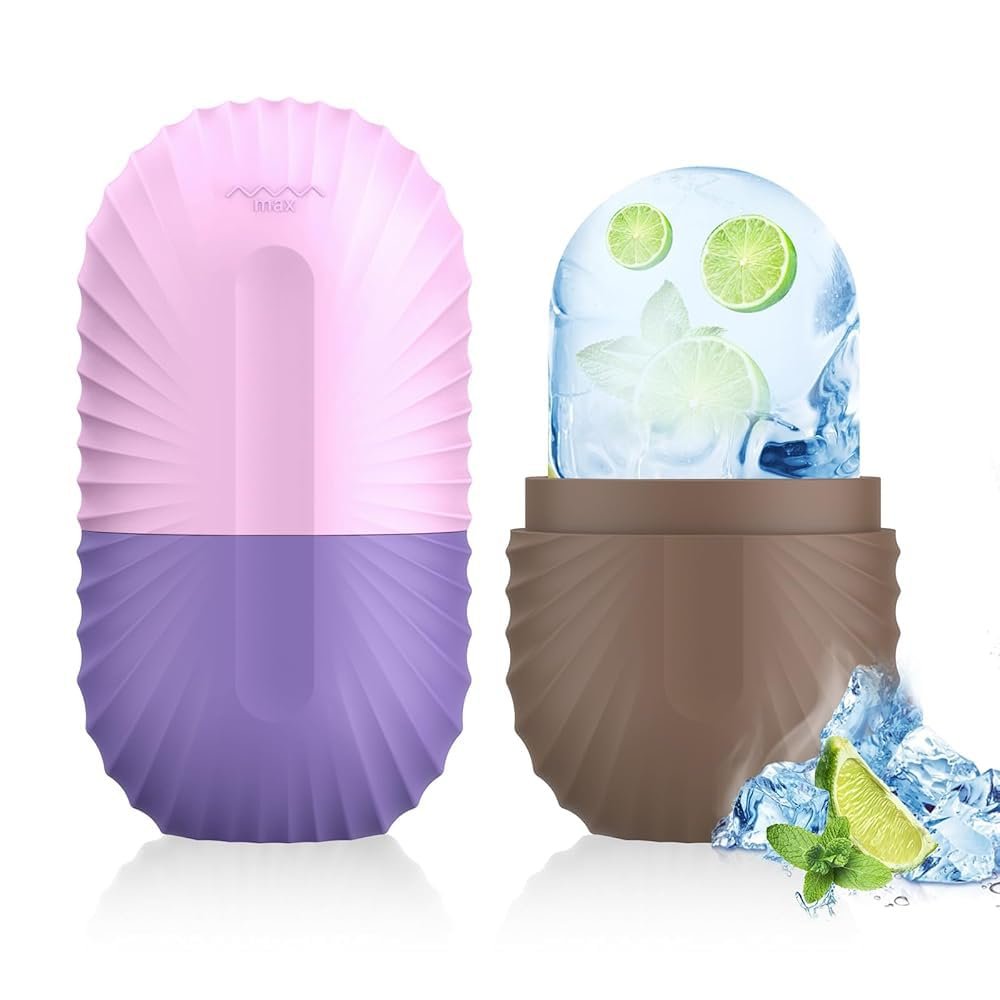2pcs Ice Roller for Face and Eye, Silicone Ice Facial Roller Ice Holder, Face Ice Mold Skin Care, Face Icers Reusable Ice Cube Roller for Shrink Pores Anti Wrinkle Reduce Puffiness, Purple Brown