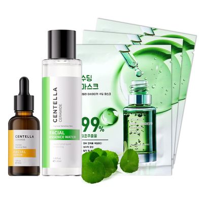 5PCS Centella Face Skin Care Set with Centella Serum,Toner and 3 face masks,Moisturizing Centella Toner Facial Kit,Hydrating Centella Kit Skin Care Gift Set,Nourishing Travel Size Skincare Set