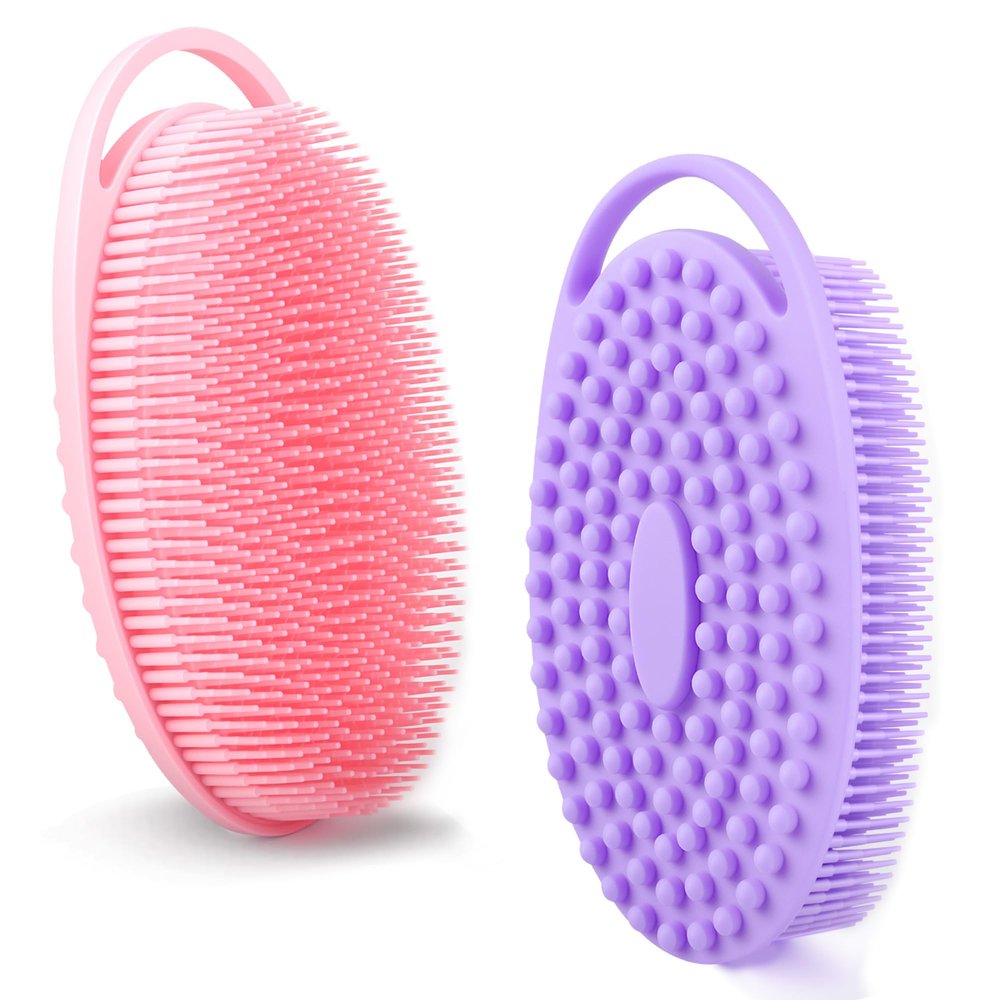 2 Pack Silicone Body Scrubber for Shower, Soft & Gentle Loofah Alternative for Sensitive Skin, Quick-Drying & Hygienic Body Wash Scrubber Brush for Women, Men & Kids (Purple & Pink)