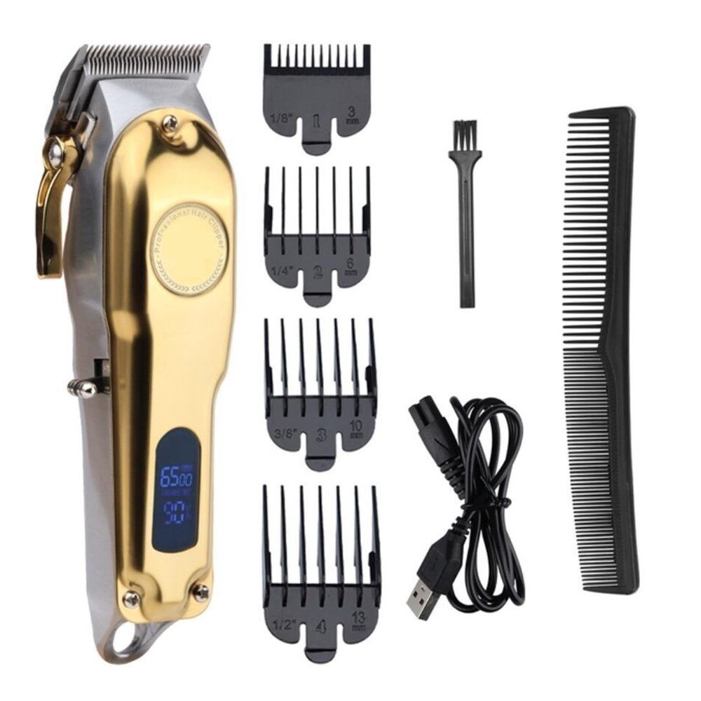 Hair Clipper Professional Electric Metal Rechargeable Hair Trimmer Machine Men Electric Shaver Barber Cutting Machine USB Gold(Gold)