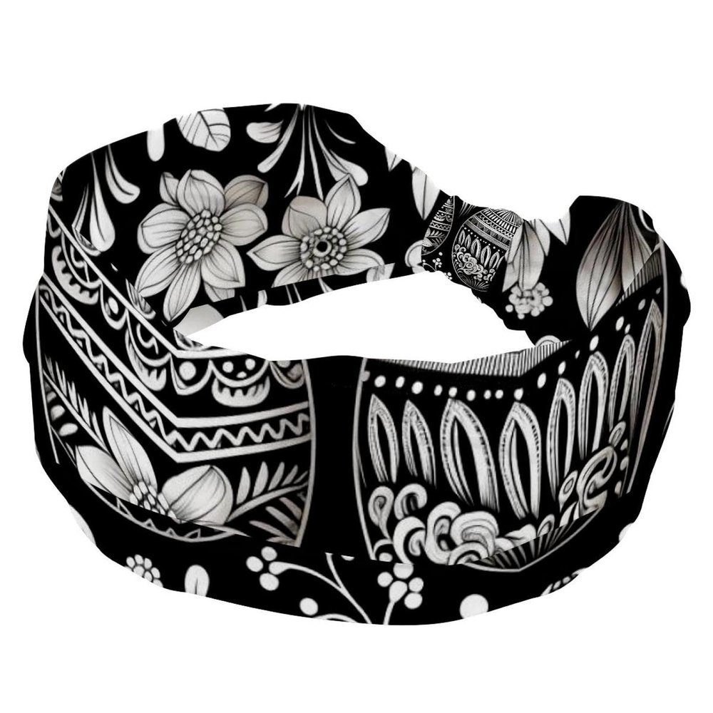 Stretchy Headbands for Women, Yoga Workout Sport Headband, Twisted Knot Turban Hair Wrap, Easter Egg Rabbit Black White Wide Hairband for Girls Ladies