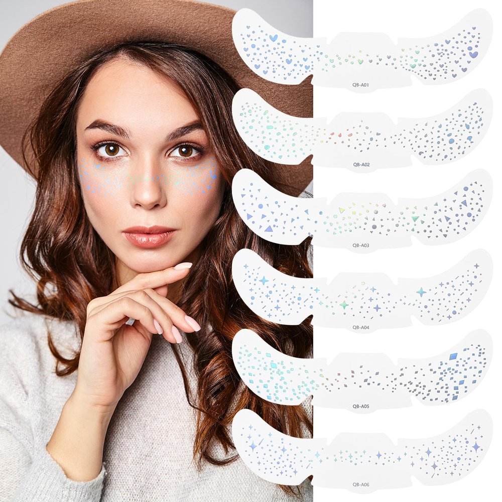 6 Pcs Glitter Freckles for Women Holographic Face and Body Glitter Tattoo Sparkle Waterproof Sparkle Face Speckles Patches Cute Star Temporary Tattoo Makeup Accessories for Festival Rave