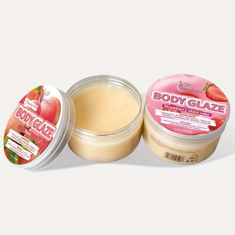 Body Glaze 200g High Nourishment Body Butter -Fruity Series - Strawberry Scent Long-lasting Moisturizing Body Cream for Dry Skin - 2 Packs (Strawberry & Peach)