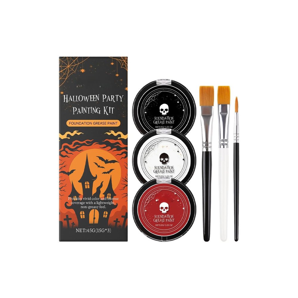 Halloween Face Paint Kit - Highly Pigmented Body Makeup for Costume Parties, Water Resistant & Quick Drying, Skin-Friendly Formula for Kids and Adults, 3 Colors with Brushes