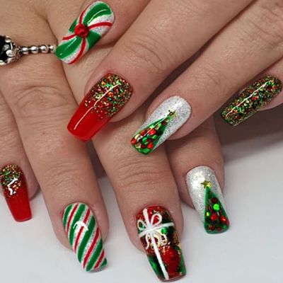 24Pcs Gowabory Christmas Nails Press onsChristmas Press on Nails Coffin Medium Fake Nails with Multicolor Glitter New Year Designs, Acrylic Artificial False Stick On Nails for Women Girls