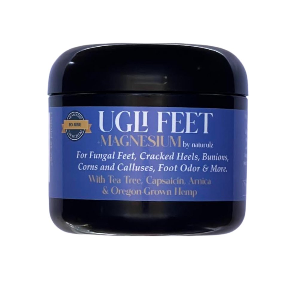 Ugli Feet + Magnesium by Naturulz with Tea Tree, Capsaicin & Arnica. Soothing Magnesium foot rub Magnesium-rich 'NO JUNK' formula For Leg Cramps, Restless muscles, Calluses & Itchy, Fungal Feet.
