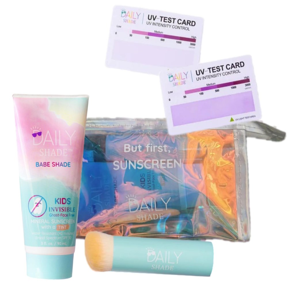 Daily Shade Kid's Sunscreen Starter Kit  Tinted Mineral Sunscreen for Face & Body with SPF 30, Shade Brush, Travel Bag & UV Card  Non-Nano Zinc, Reef Safe, Water Resistant & Hypoallergenic Skin Care