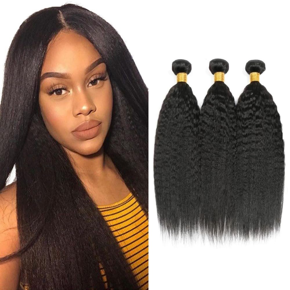 30 32 34 Inch Yaki Straight Bundles Human Hair 3 Bundles Brazilian Remy Hair 50 Grams/Bundle 10A Grade Unprocessed Virgin Hairs Kinky Straight Bundle Weaves Extensions for Black Women