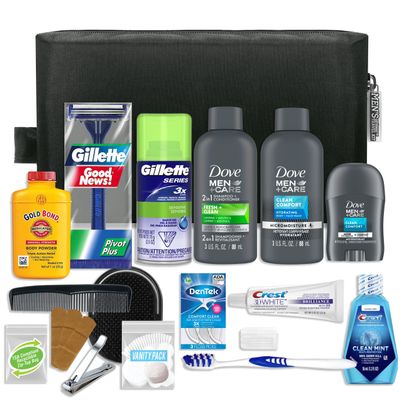 Convenience Kits International Mens Premium 20-Piece Kit with Travel Size TSA Compliant Essentials, Featuring: Dove Men & Care Products in Black Dopp Bag
