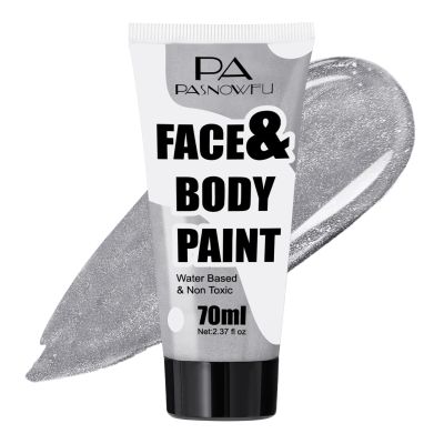 PASNOWFU Silver Face Paint 70ml Large Capacity - Non-Toxic Washable Body Paint for Halloween Skeleton Ghost Looks, Full Coverage Face Body Paint for Halloween SFX Cosplay Makeup ,Costume Events