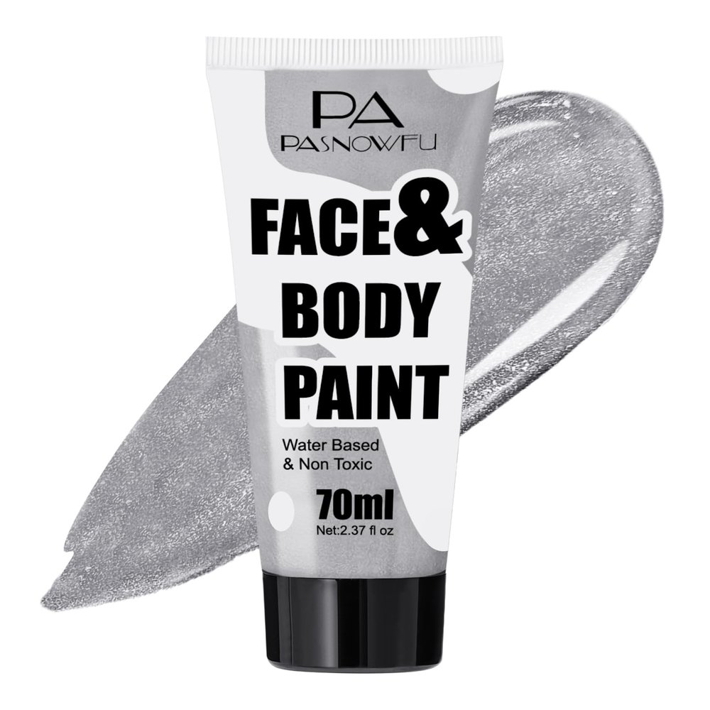 PASNOWFU Silver Face Paint 70ml Large Capacity - Non-Toxic Washable Body Paint for Halloween Skeleton Ghost Looks, Full Coverage Face Body Paint for Halloween SFX Cosplay Makeup ,Costume Events