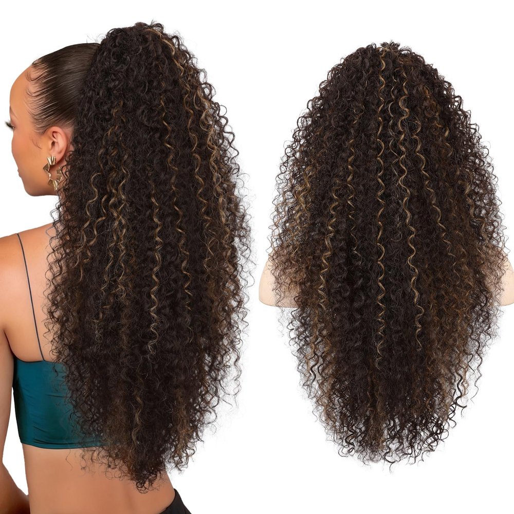 REECHO Ponytail Extension - 26" Long Curly 2-in-1 Claw Clip & Drawstring Ponytail Hair Extensions 100% Super Protein Pony Tail Hairpieces for Women - Chocolate Brown with Golden Highlights