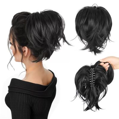 10 Inch Claw Clip Extension, Straight Messy Bun Fake Hair Piece,Claw Clip Short Ponytail Extension for Women Thick Fluffy Hairpieces (Natural Black)