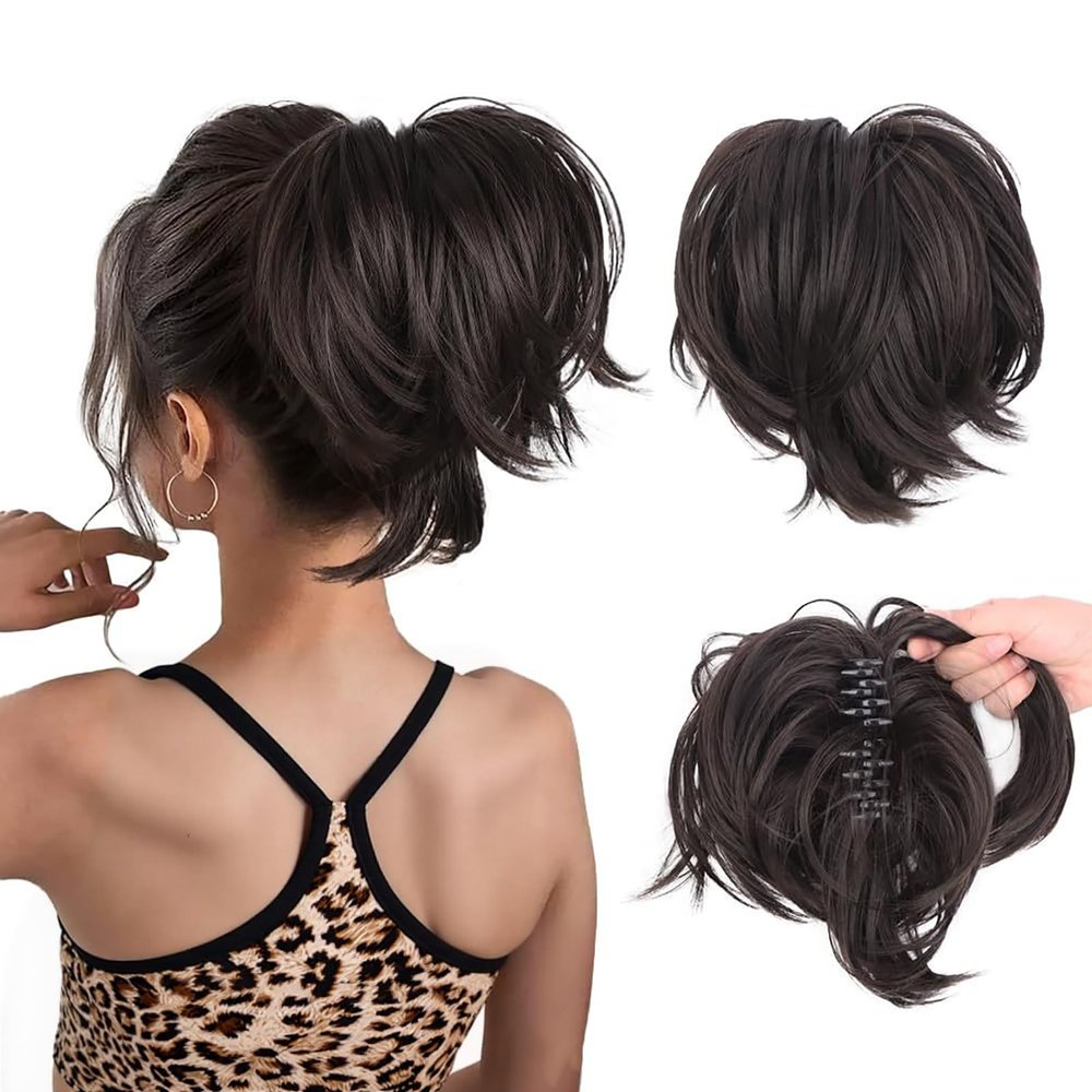 10 Inch Claw Clip Extension, Straight Messy Bun Fake Hair Piece,Claw Clip Short Ponytail Extension for Women Thick Fluffy Hairpieces (Black Brown)