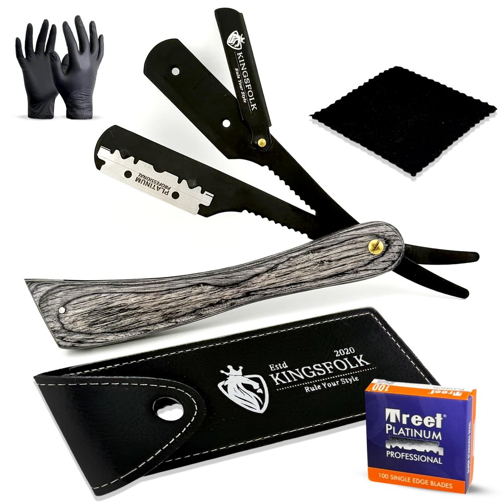 Kingsfolk Professional Straight Razor Kit for Men  Wooden Handle Razor with 100 Platinum Blades, Leather Case, Nitrile Gloves & Cleaning Cloth  Barber Grade Wet Shave Set
