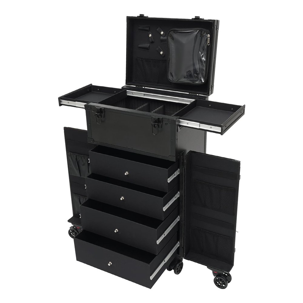 Cosmetology Case on Wheels, Rolling Makeup Train Case Nail Travel Case for Nail Tech, Professional Rolling Makeup Case with 4 Drawers, Lockable Makeup Train Case for Make Up Hairstylists Nail Tech